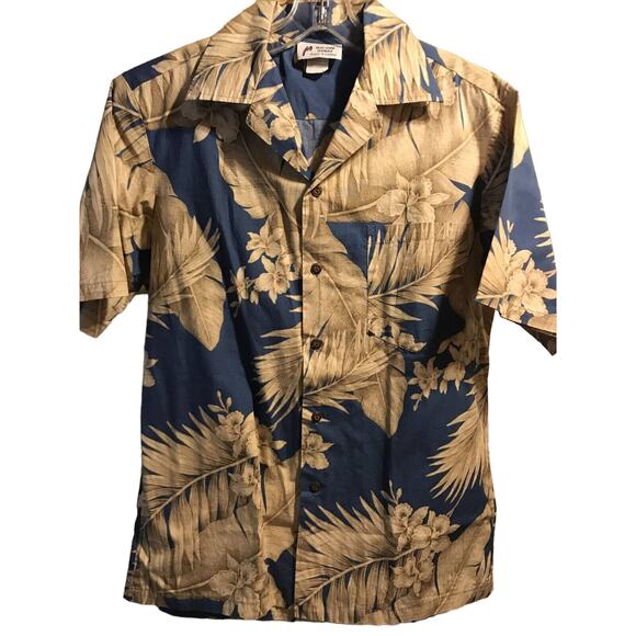 Malihini Vintage Men’s M Blue Gold Floral SS Button Down Cotton Hawaiian Shirt - Picture 1 of 12